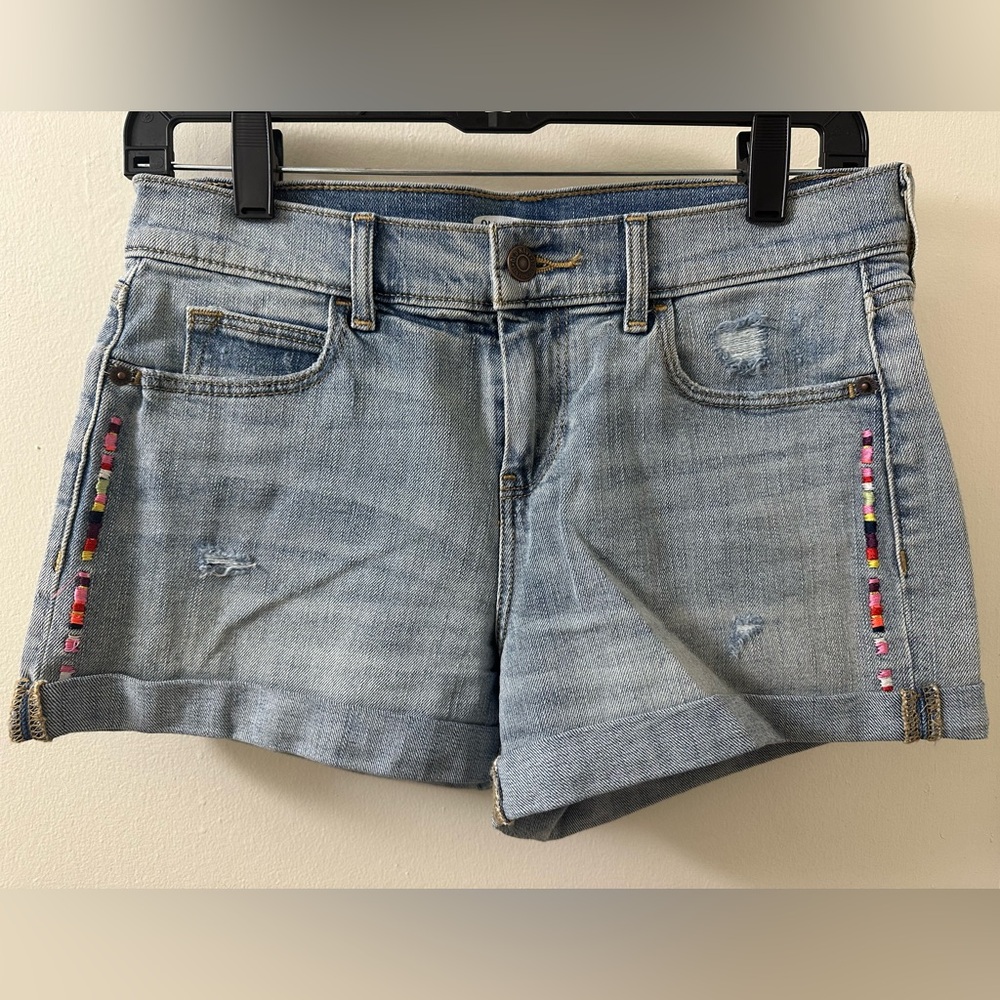 LIKE NEW Old Navy Blue High Rise Distressed Boyfriend Jean Shorts Colorful Stitc